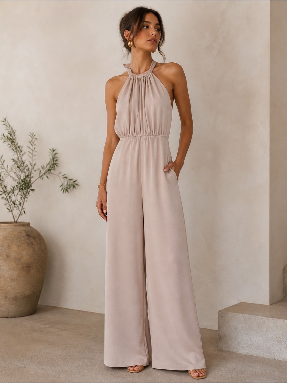 Endless Rose Anthropologie Beige Halter Jumpsuit Wide Pants Size Small NWOT